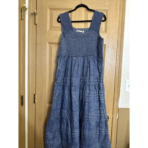 Soft Surroundings Chambray Smocked Tiered Maxi Dress Women’s Petite XL Blue - Picture 5 of 11